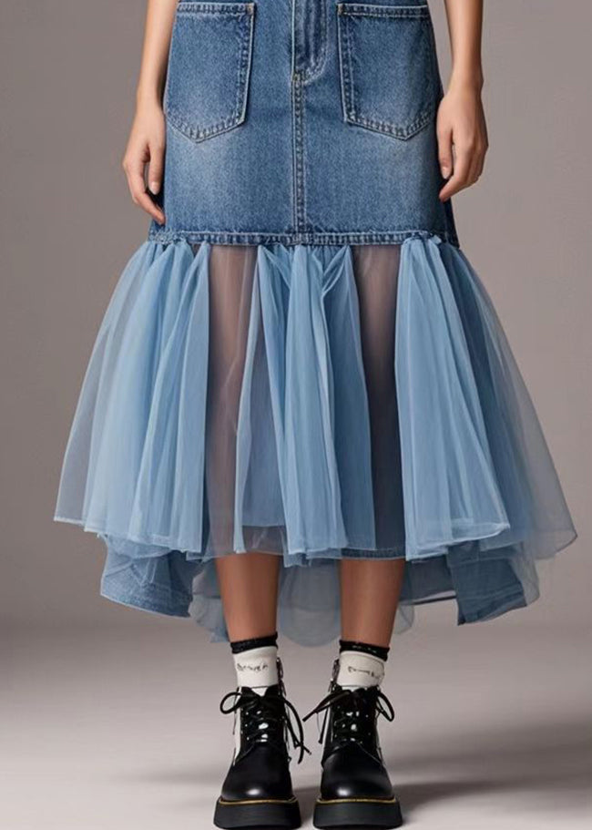 Blue Tulle Patchwork Denim Wraped Skirt Spring
