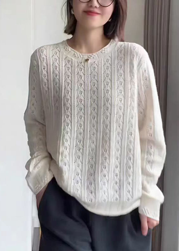 White O Neck Hollow Out Knit Top Fall