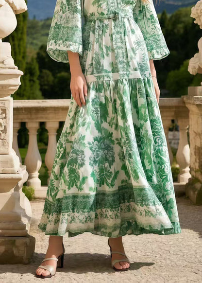 Grass Green Print Draping Chiffon Vacation Dresses Spring