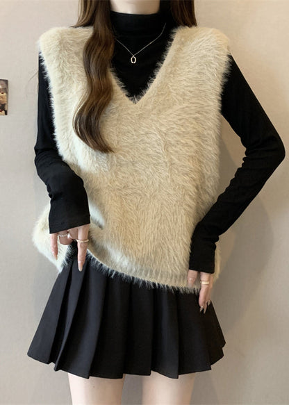 Diy Beige V Neck Cozy Faux Fur Knit Top Fall