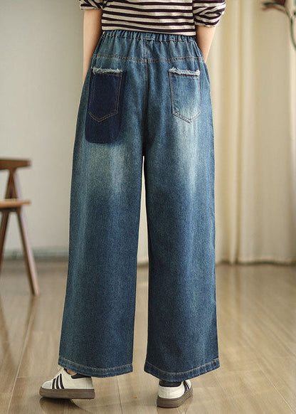Blue Pockets Elastic Waist Denim Wide Leg Pants Spring