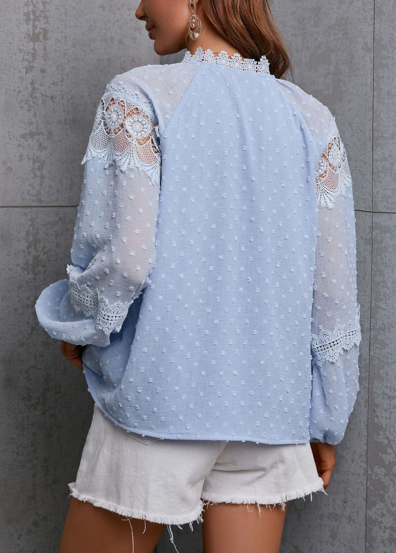 Unique Blue Hollow Out Lace Patchwork Chiffon Shirt Top Spring