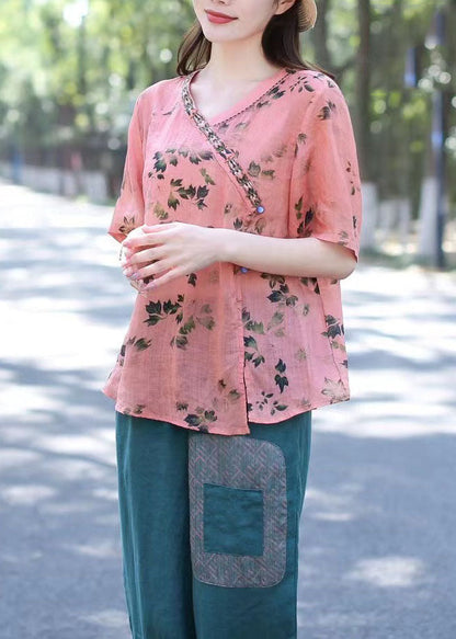 Pink V Neck Print Patchwork Linen Shirt Top Summer