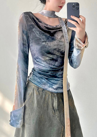 New Blue O-neck Wrinkled Silk Velour Tops Fall