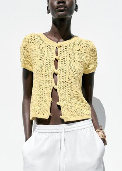 Yellow Button Hollow Out Knit T Shirt Summer