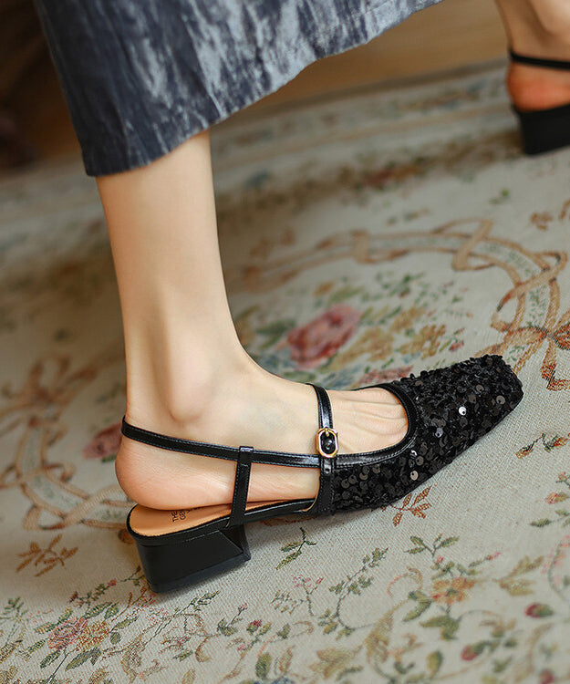 Gold Square Toe Chunky Heel Buckle Strap Sequins Sandals