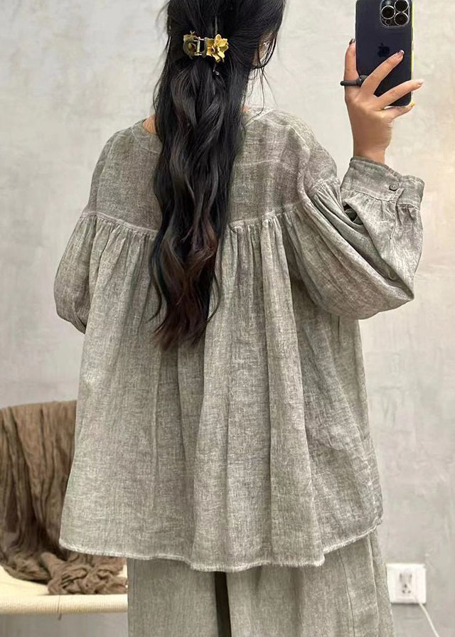 Grey Button Cotton Blouses V Neck Long Sleeve