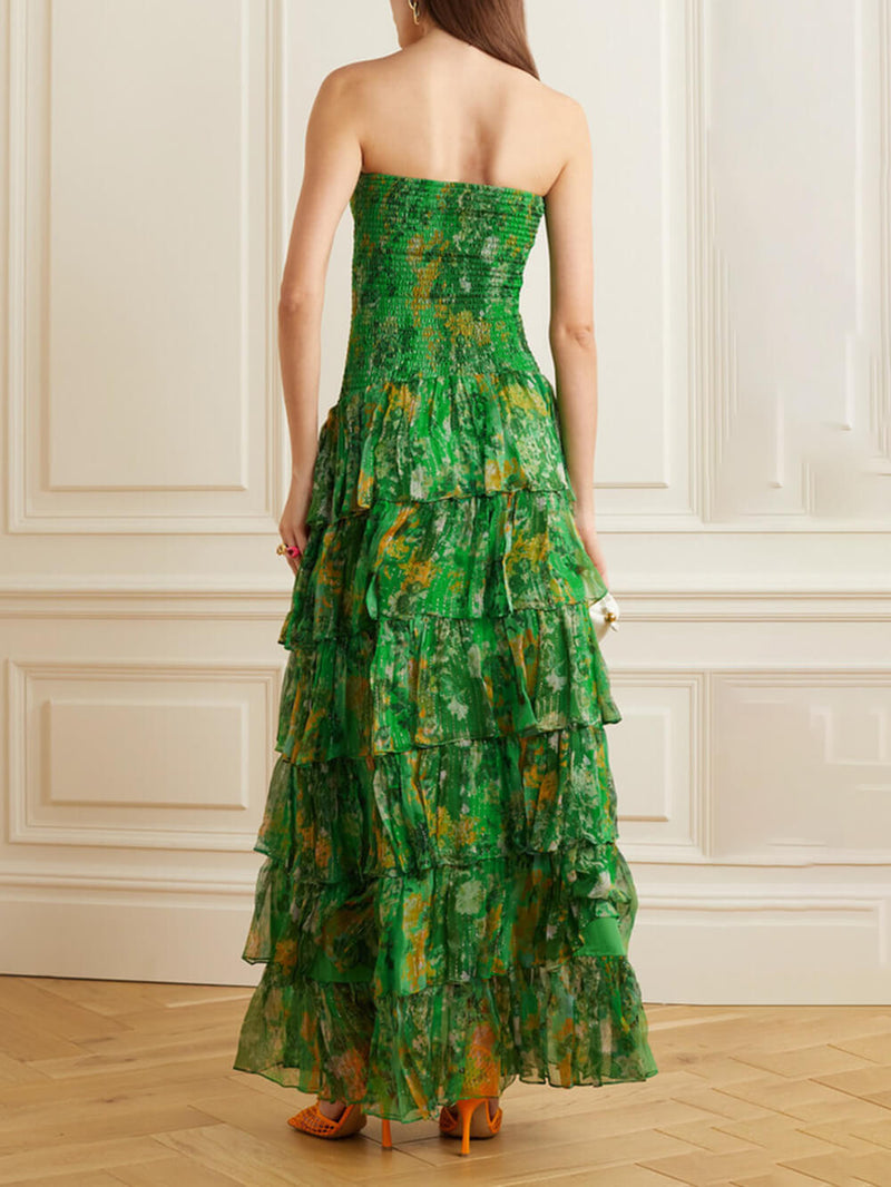 Strapless Layered Bandeau Print Maxi Dress