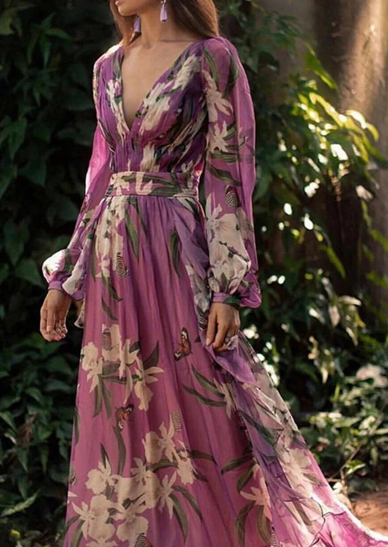 Butterfly Pattern V Neck Maxi Dress