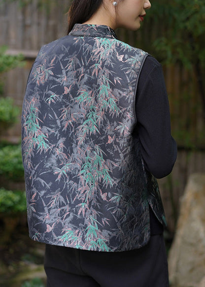New Retro Black Tasseled Jacquard Fine Cotton Filled Vest Sleeveless