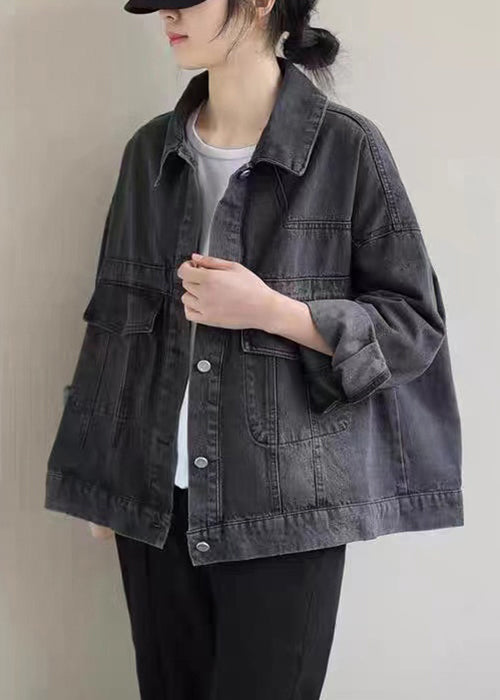 Black Button Pockets Denim Coat Long Sleeve