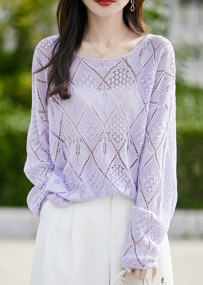 White O Neck Hollow Out Thin Knit Sweater Fall