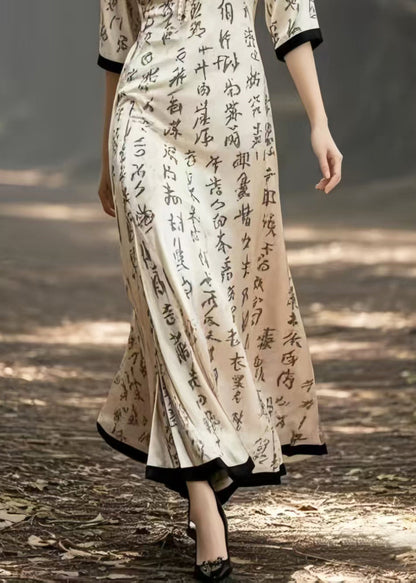 Beige V Neck Print Silk Holiday Dress Half Sleeve