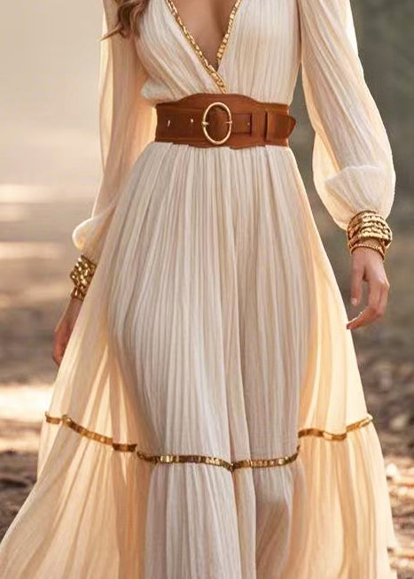 Beige Deep-v Neck Cinched Cotton Pleated Dresses Spring
