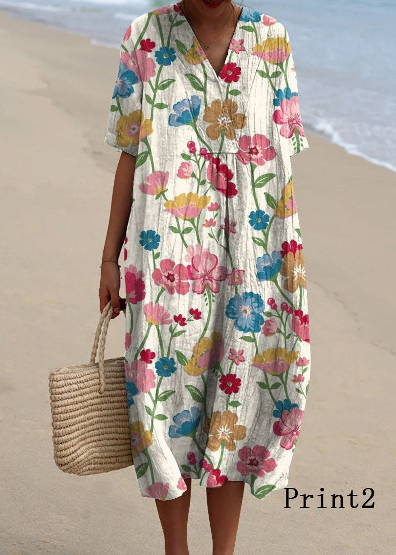 V Neck Print Loose Cotton Dress Summer