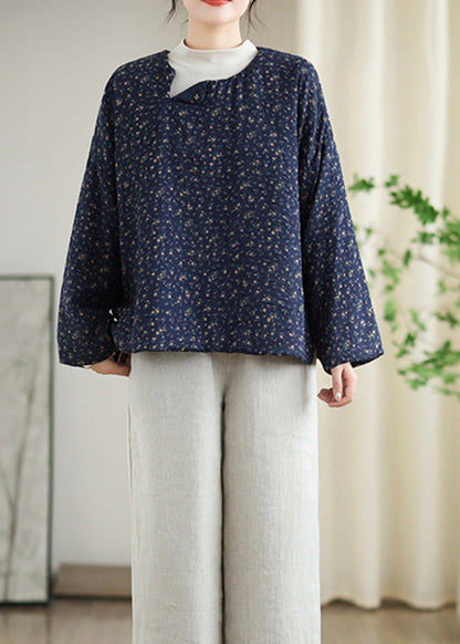 Navy O Neck Print Fine Cotton Filled Top Spring