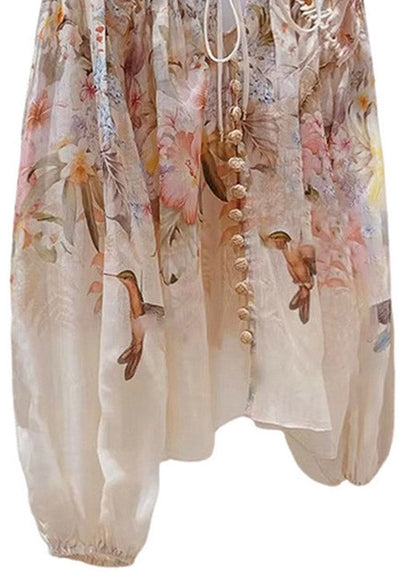 Print Wrinkled Tie Linen Shirts Spring