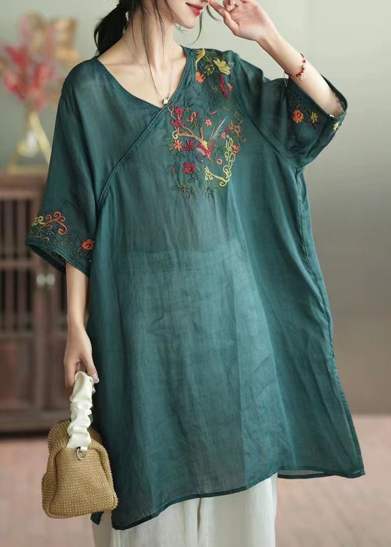 Green Patchwork Linen Mid Dress V Neck Embroidered Summer
