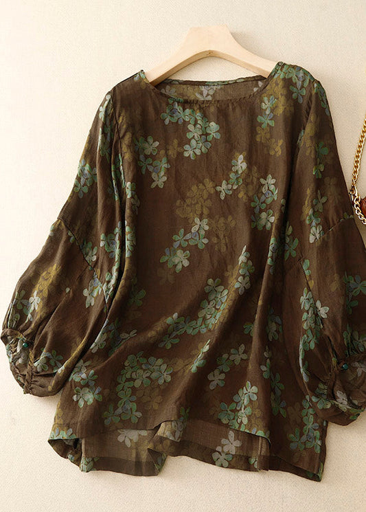 Handmade Coffee O-neck Print Top Lantern Sleeve