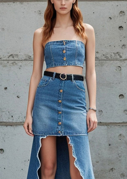 Blue Low High Design Patchwork Denim Skirts Fall
