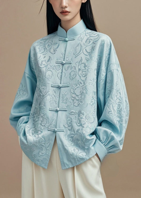 Blue Stand Collar Button Silk Cotton Coats Fall