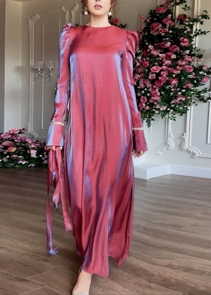 Purple O Neck Silk Maxi Dress Fall