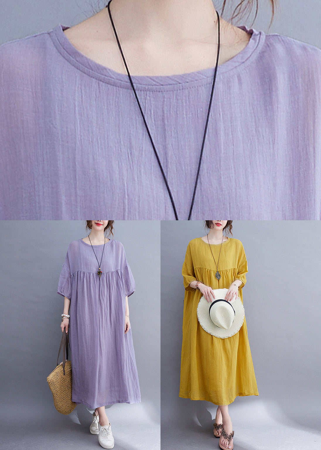 Yellow O-neck Wrinkled Maxi Dress Half Sleeve