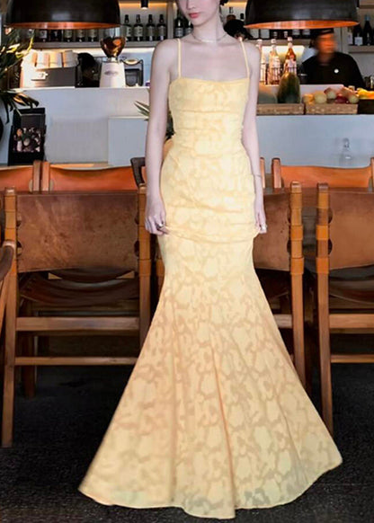 Yellow Backless Lace Maxi Spaghetti Strap Fishtail Dress Sleeveless