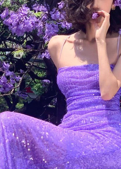 Purple Halter Sequins Side Open Silk Long Vestidos Summer
