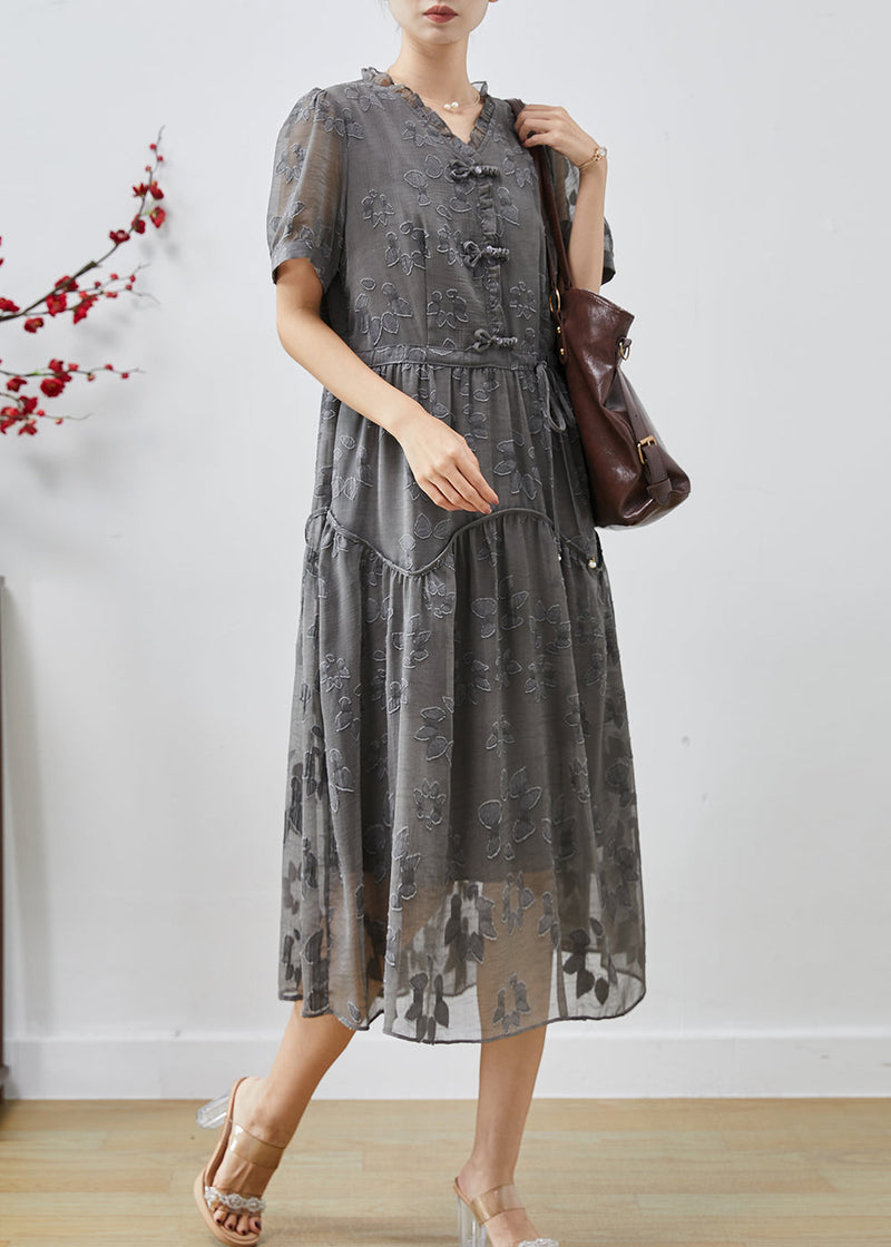 Grey Cinched Jacquard Chiffon Dress Summer