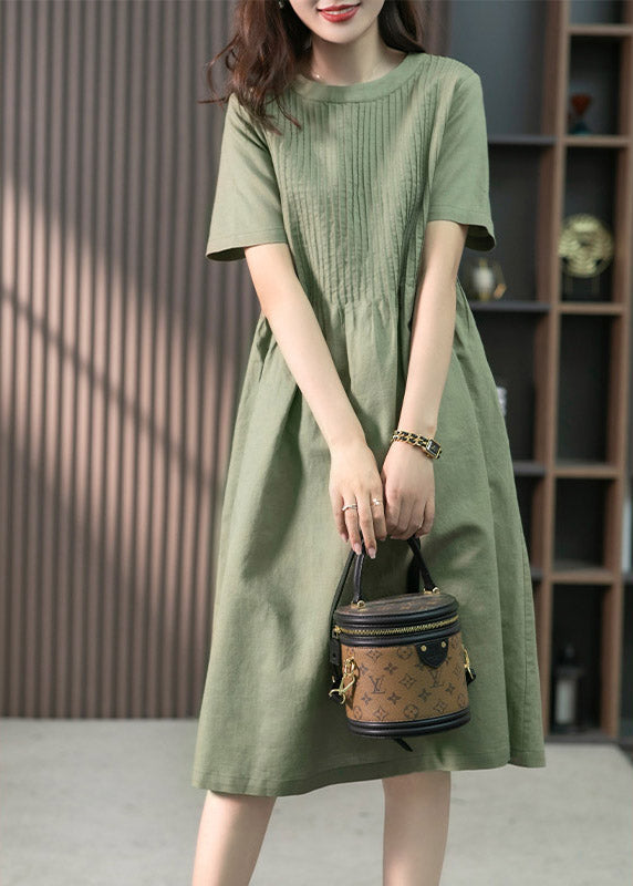 French Green O-neck Wrinkled Linen Dress Short Sleeve