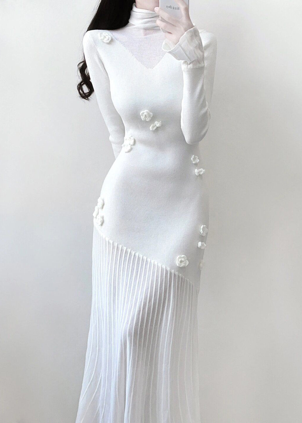 White Turtleneck Knit Patchwork Long Dresses Spring