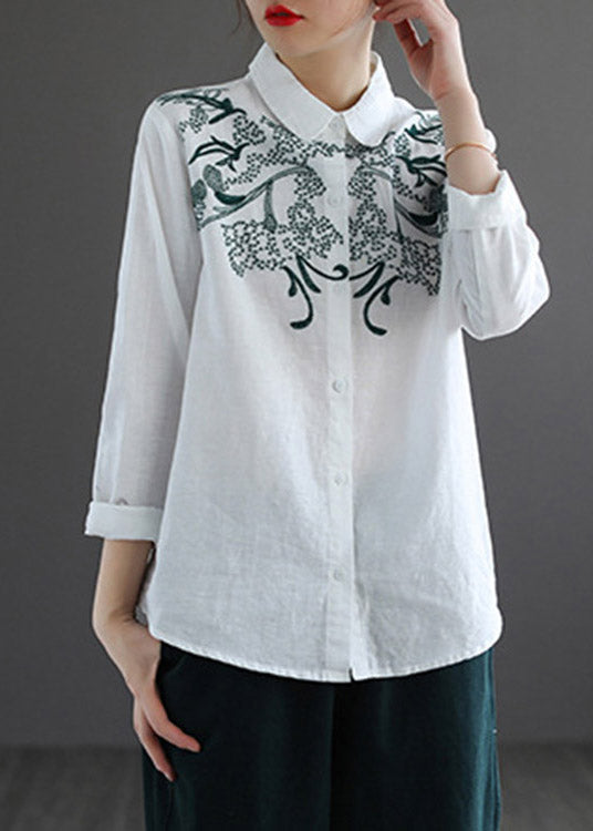 White Peter Pan Collar Embroidered Shirt Long Sleeve