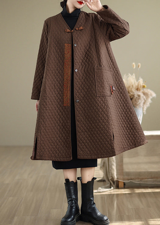 Coffee Pockets Fine Cotton Filled Retro Coats V Neck Winter