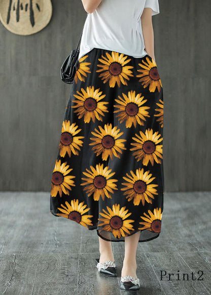 Handmade Black-print2 Elastic Waist Retro Wide Leg Crop Pants