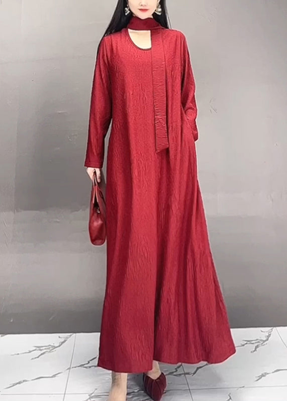 Red O-neck Wrinkled Maxi Dresses Fall
