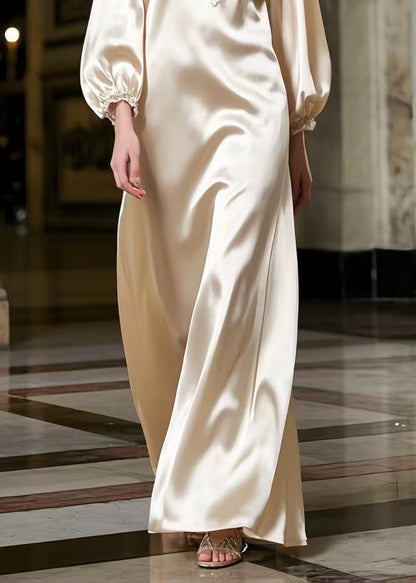 Champagne Lace Neck Draping Silk Robe Dresses Spring