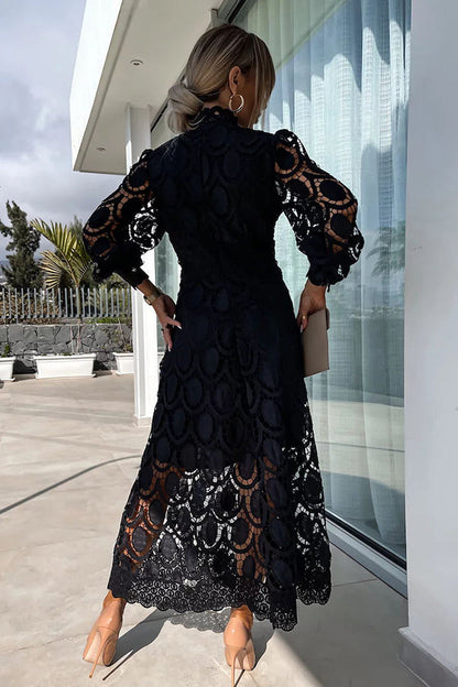 Romantic, Sensual and Crochet Lace Lantern Sleeve Party Midi Dress