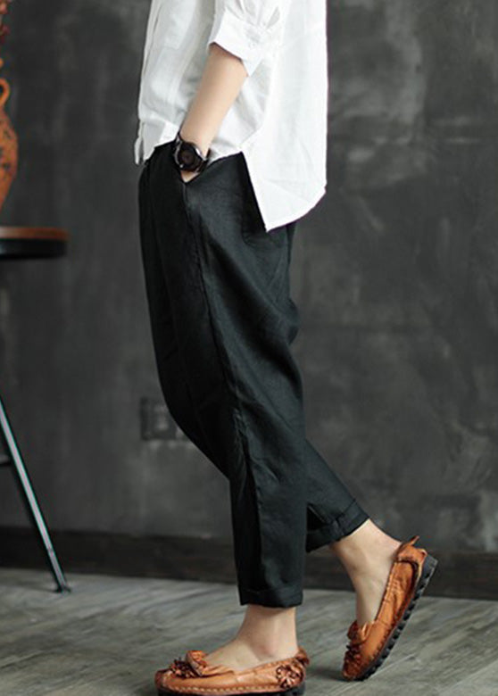 Retro Black Patchwork Pockets Linen Beam Pants Summer