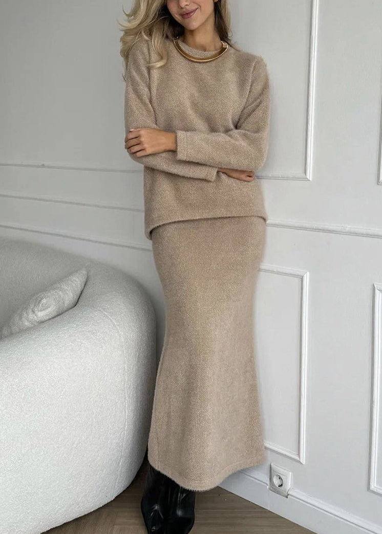 White O Neck Sweaters and Skirts Knit Two Pieces Set Fall
