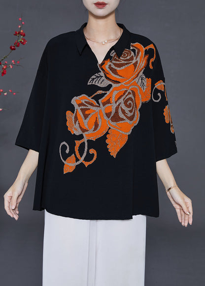 Black Oversized Print Silk Shirts Bracelet Sleeve