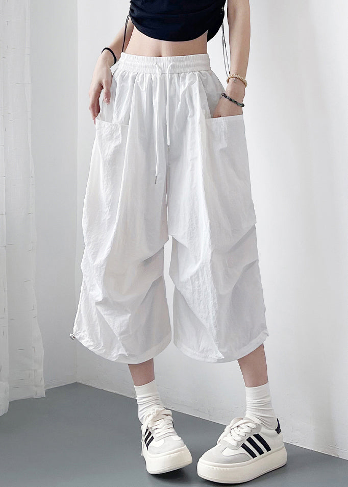 Loose White Lace Up Pockets Cotton Crop Pants
