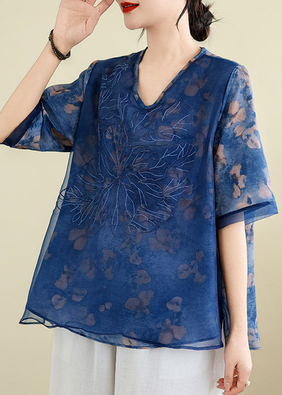 Blue Embroidered T Shirts Summer
