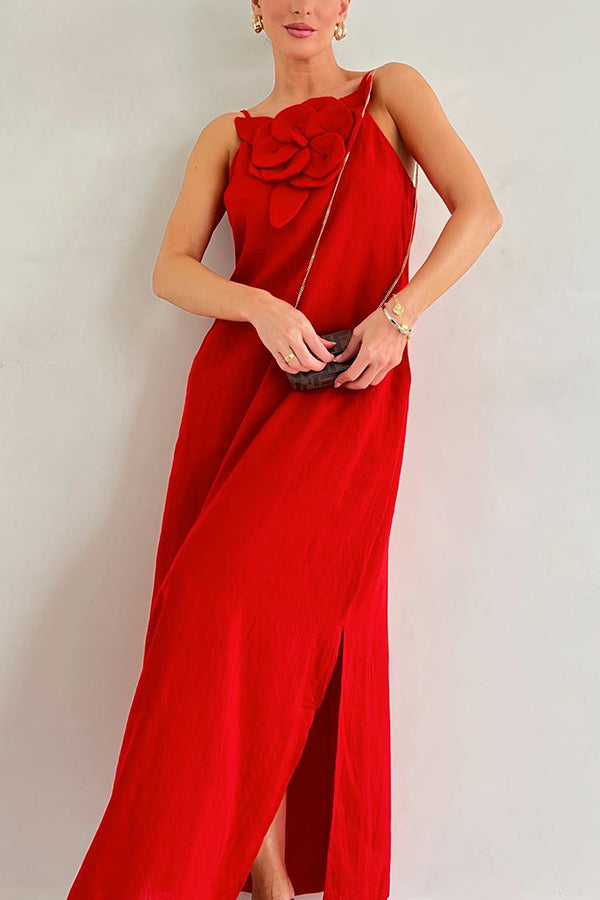 Vacay Ready Linen Blend Embellishment Pocketed Slit Maxi Dress