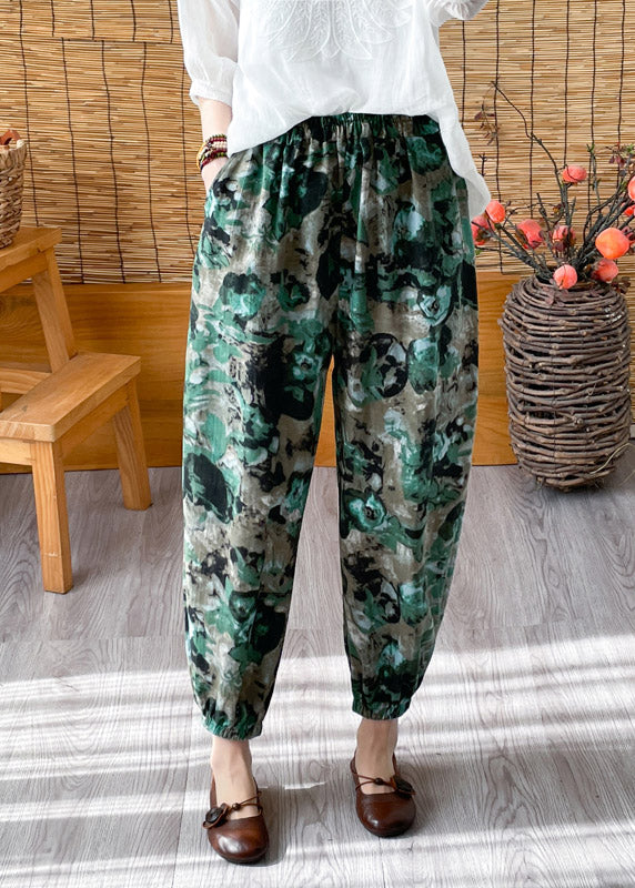 Green Elastic Waist Crop Print Pants