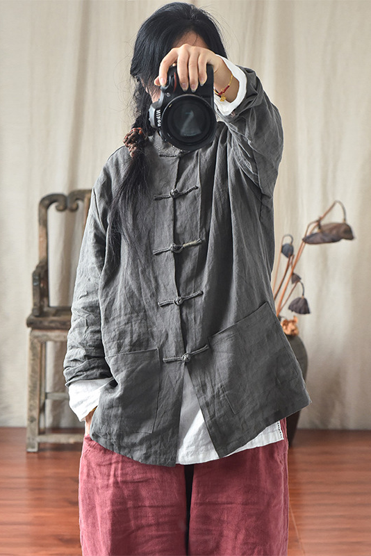 Fall Cotton Linen Buckle Coat