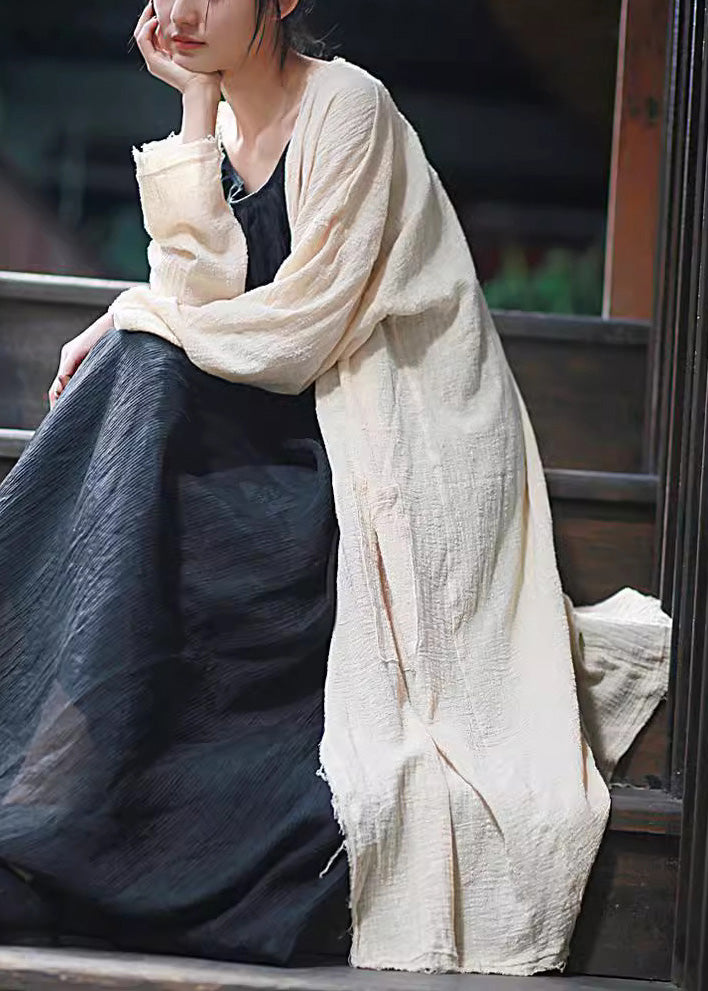 Beige Tasseled Pockets Linen Cardigan Long Sleeve