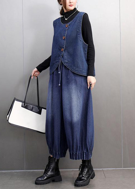 Boutique Blue O-neck Button Denim Waistcoat and Crop Pants Two Pieces Set Spring