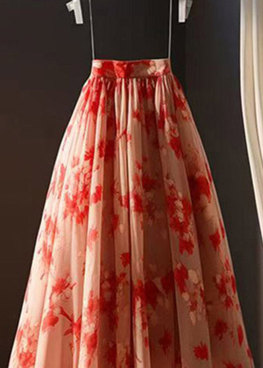 Red Print Elastic Waist Chiffon a Line Skirts Summer
