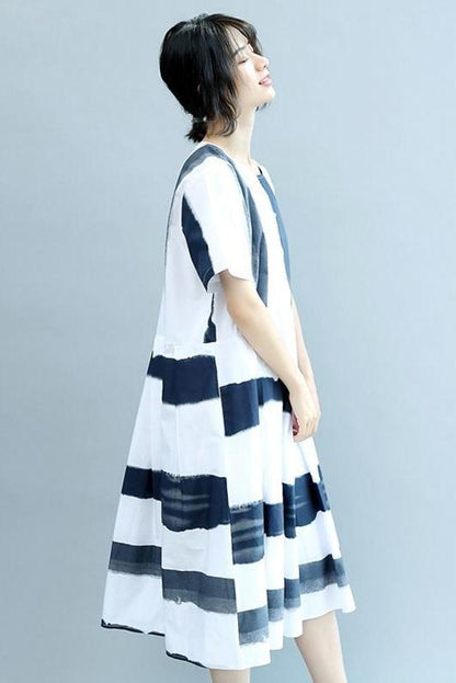 Round Neck Blue White Wide Stripe Summer Chiffon Loose Fitting Dresses